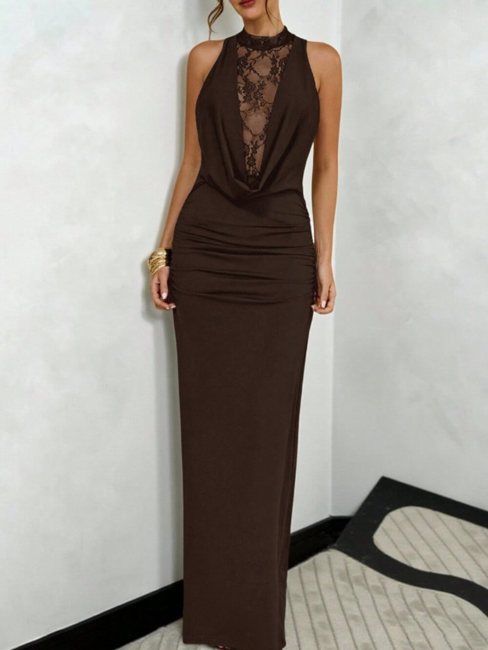 Coffee Brown Sexy Women's Lace Plunging Neck Bodycon Dress